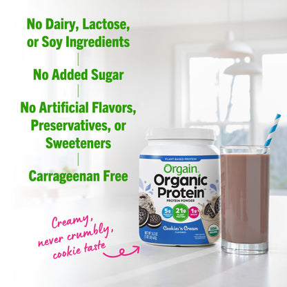 Orgain Organic Vegan Protein Powder, Cookies and Cream - 21g Plant Based Protein