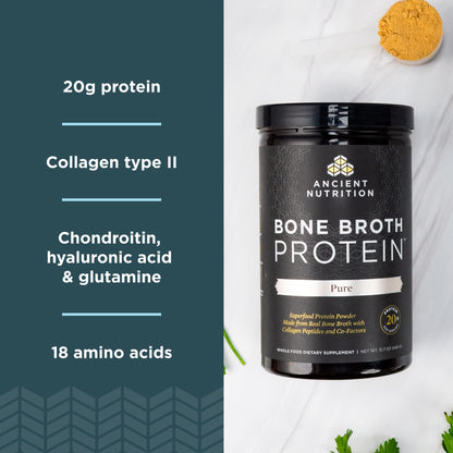 Ancient Nutrition Bone Broth Protein Powder, Pure Flavor, 20 Servings Size