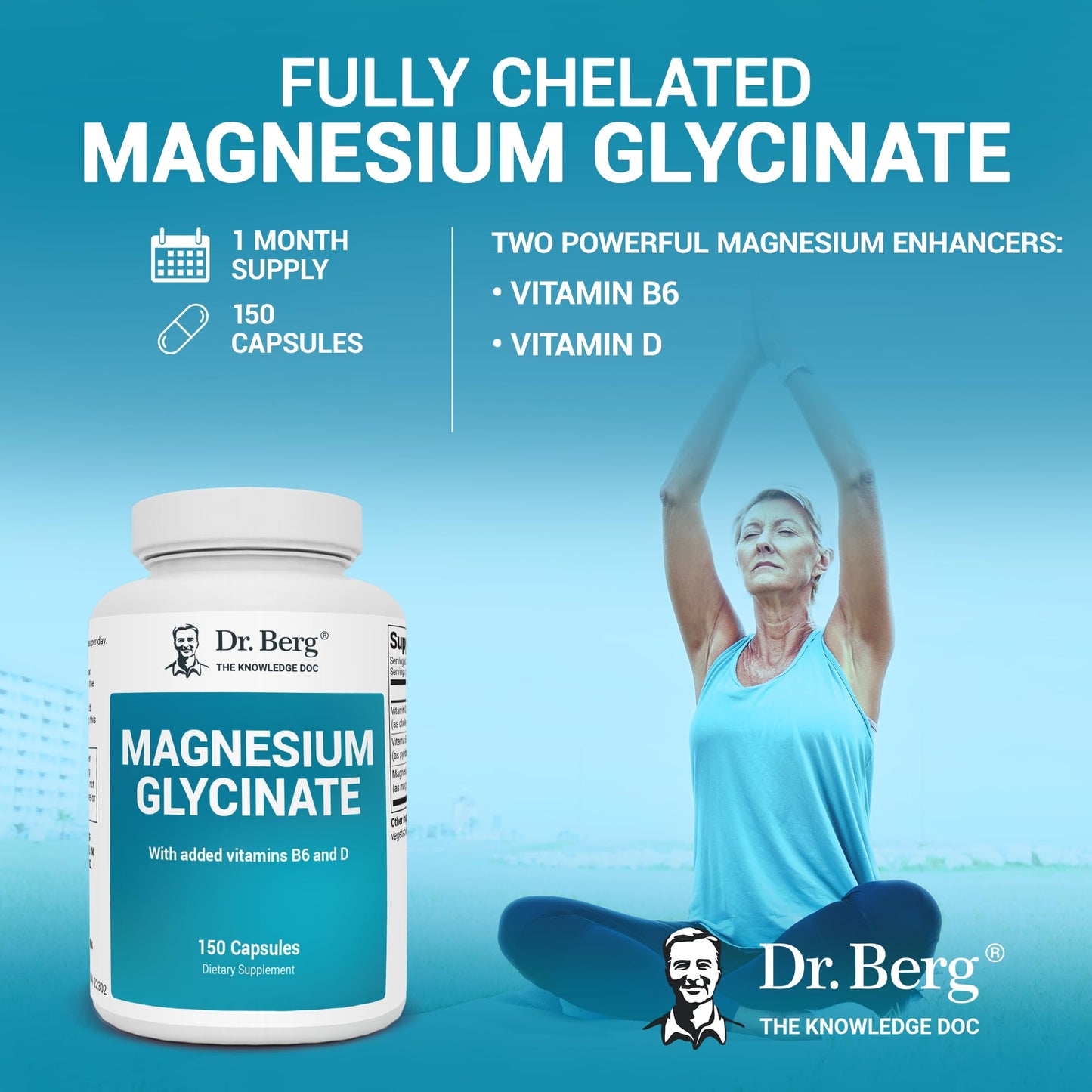 Dr. Berg's Magnesium Glycinate 400mg - Fully Chelated Veg Capsules for Stress