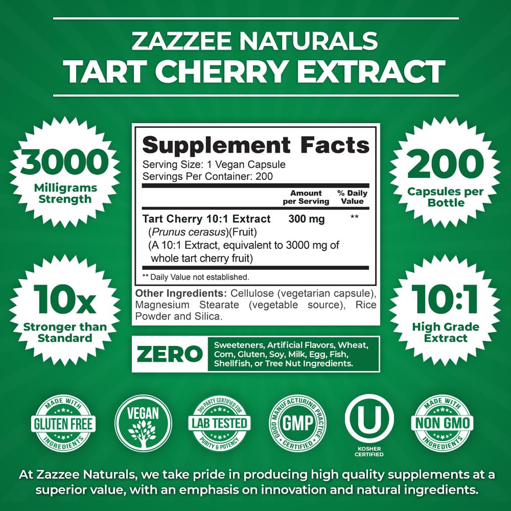 Zazzee Tart Cherry 10:1 Extract, 3000 mg Strength, 200 Vegan Capsules