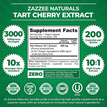 Zazzee Tart Cherry 10:1 Extract, 3000 mg Strength, 200 Vegan Capsules