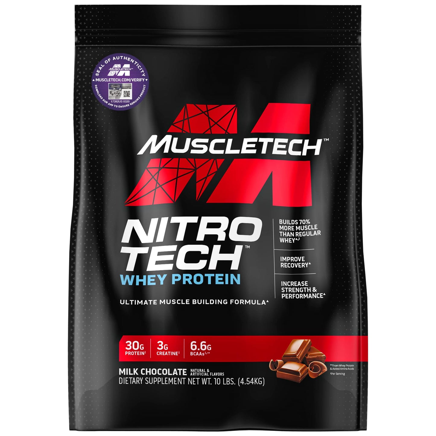 Muscletech Whey Protein Powder (Milk Chocolate, 10 Pound) - Nitro-Tech Muscle Building