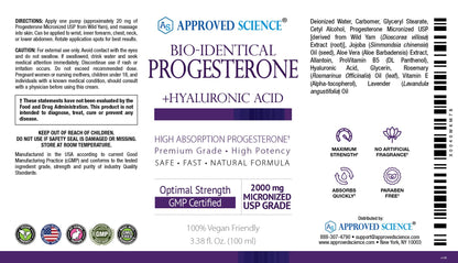 Approved Science Progesterone Cream - Bio-Identical, USP Grade - 20mg Serving - With Hyaluronic Acid