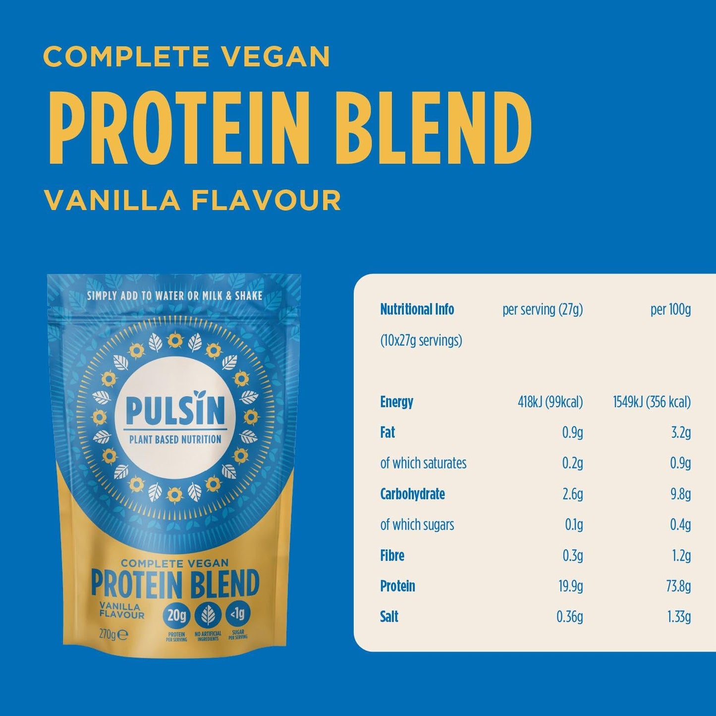 Pulsin plant based nutrition,Complete vegan protein blend,Vanilla flavour 270 g