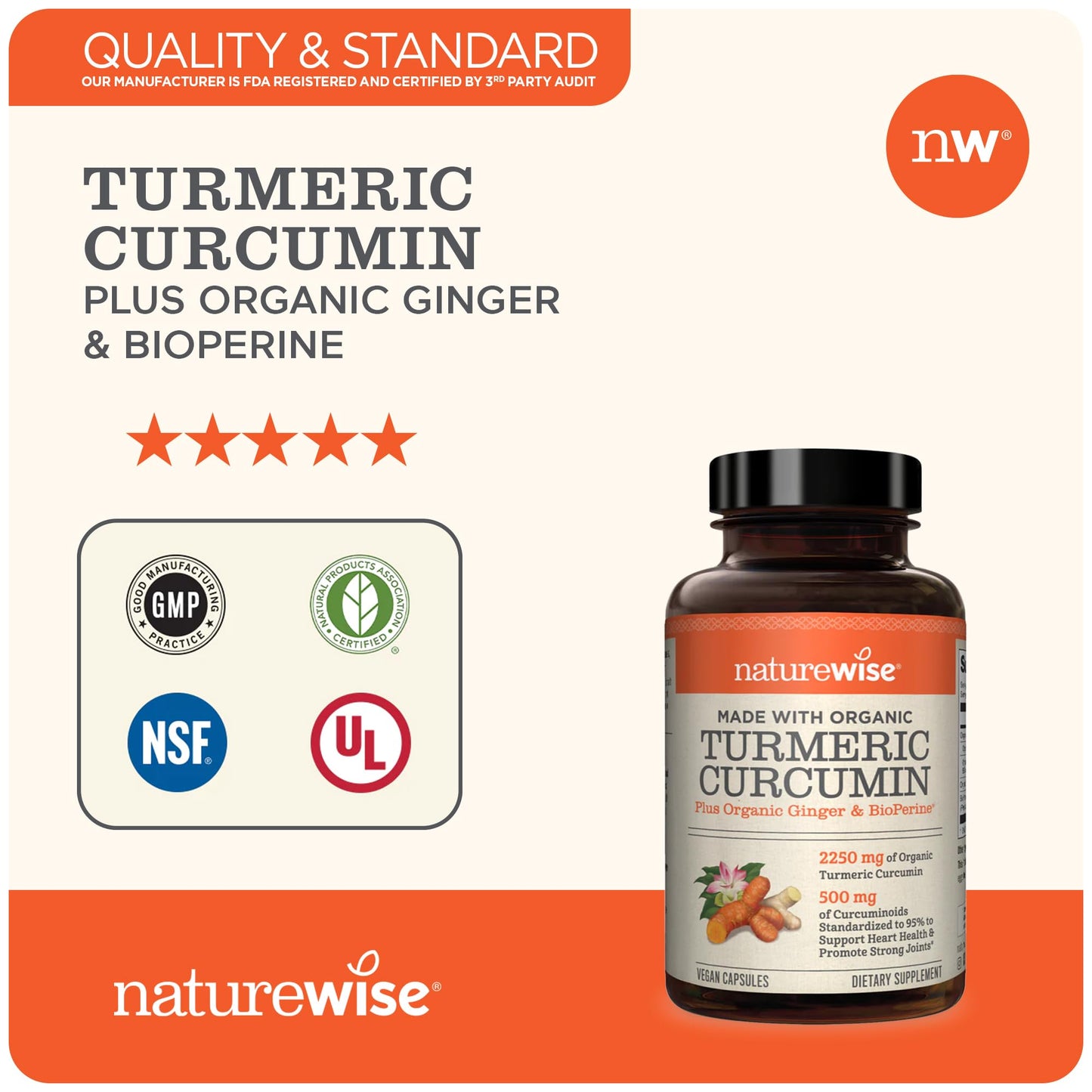 NatureWise Curcumin Turmeric 2250mg | 95% Curcuminoids & BioPerine Black Pepper