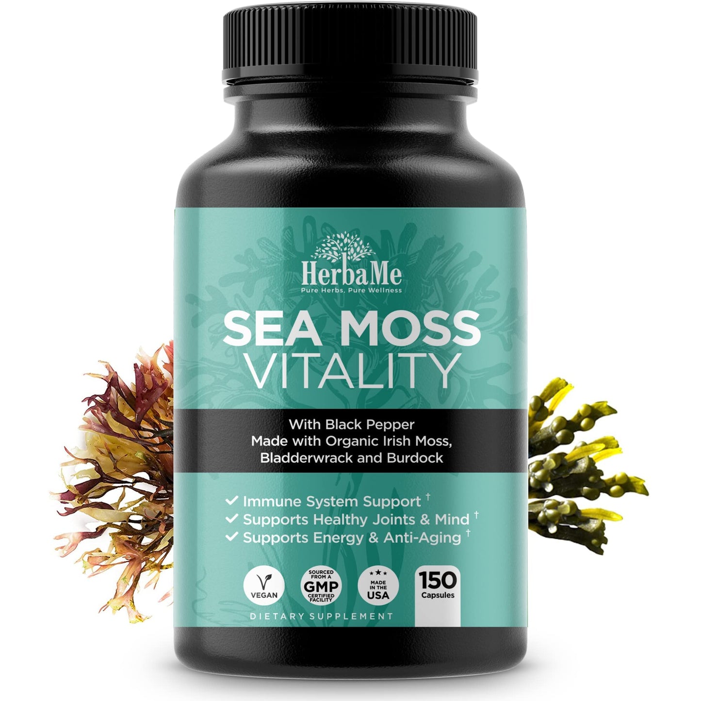 HerbaMe Organic Irish Sea Moss with Bladderwrack, Burdock Root & Black Pepper Extract