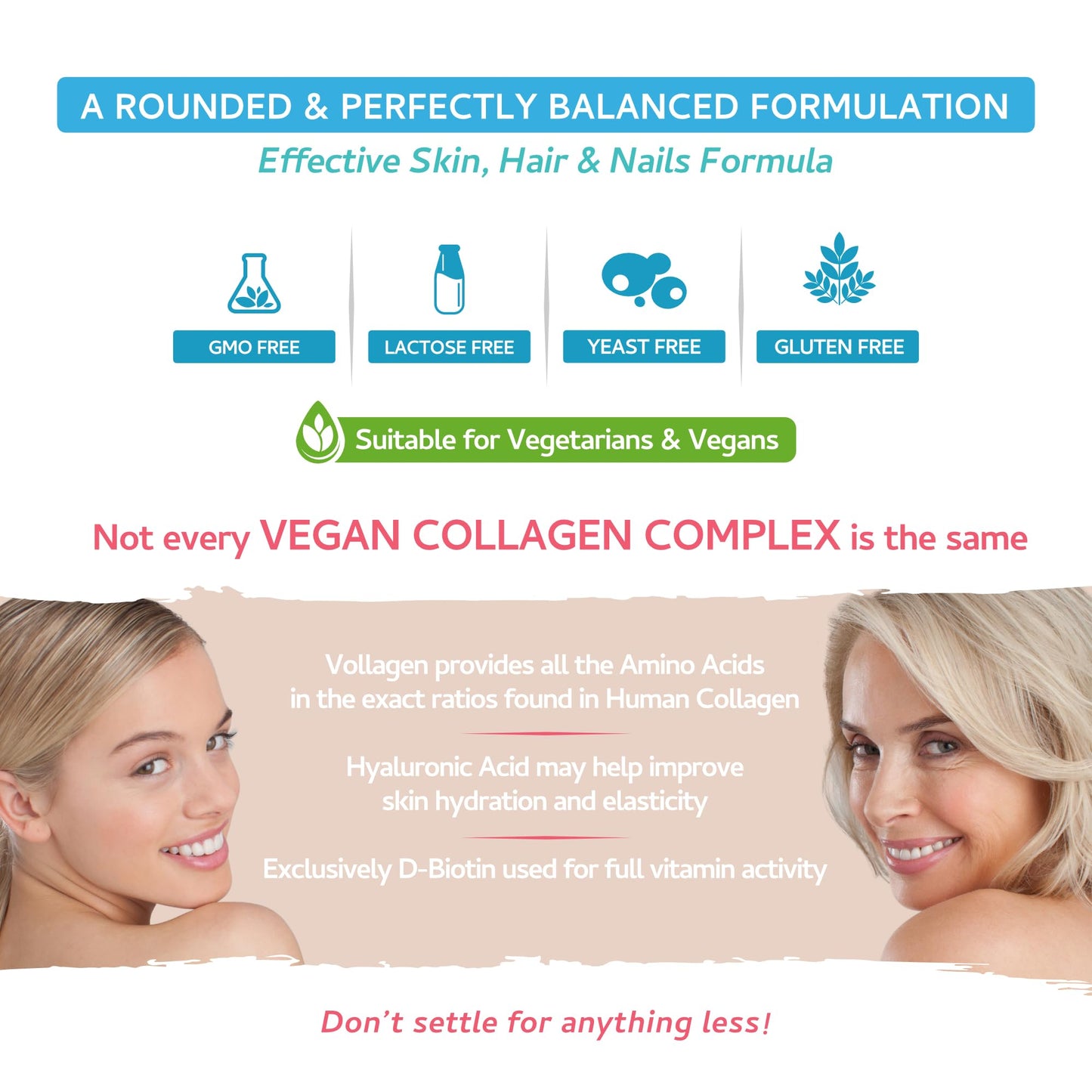 Vegan Collagen & Hyaluronic Acid Complex - 60 Capsules - Effective Skin, Hair & Nails Formula with 500mg