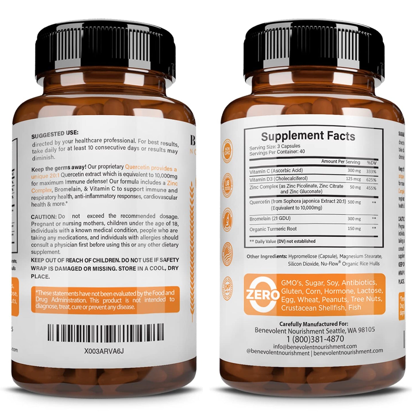 Benevolent Nourishment Quercetin with Bromelain, Zinc Complex, Vitamin C & D, Turmeric