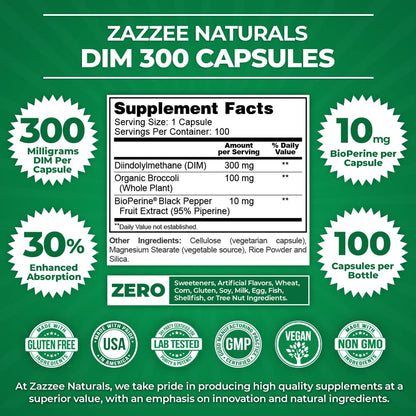 Zazzee Extra Strength DIM 300, 10 mg BioPerine and 300 mg DIM per Capsule, 100 Vegan