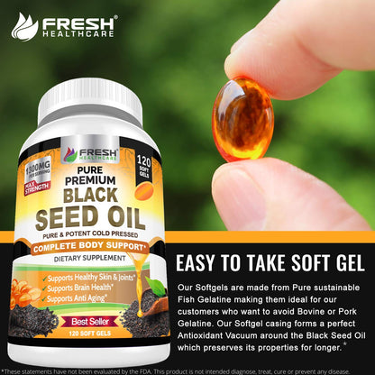 Black Seed Oil Capsules Cold Pressed 1300mg Per Serving, 100% Pure & Premium