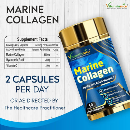 Vitaminnica Marine Collagen Capsules with Hyaluronic Acid & Vitamin C - Skin, Hair, Bones & Joints