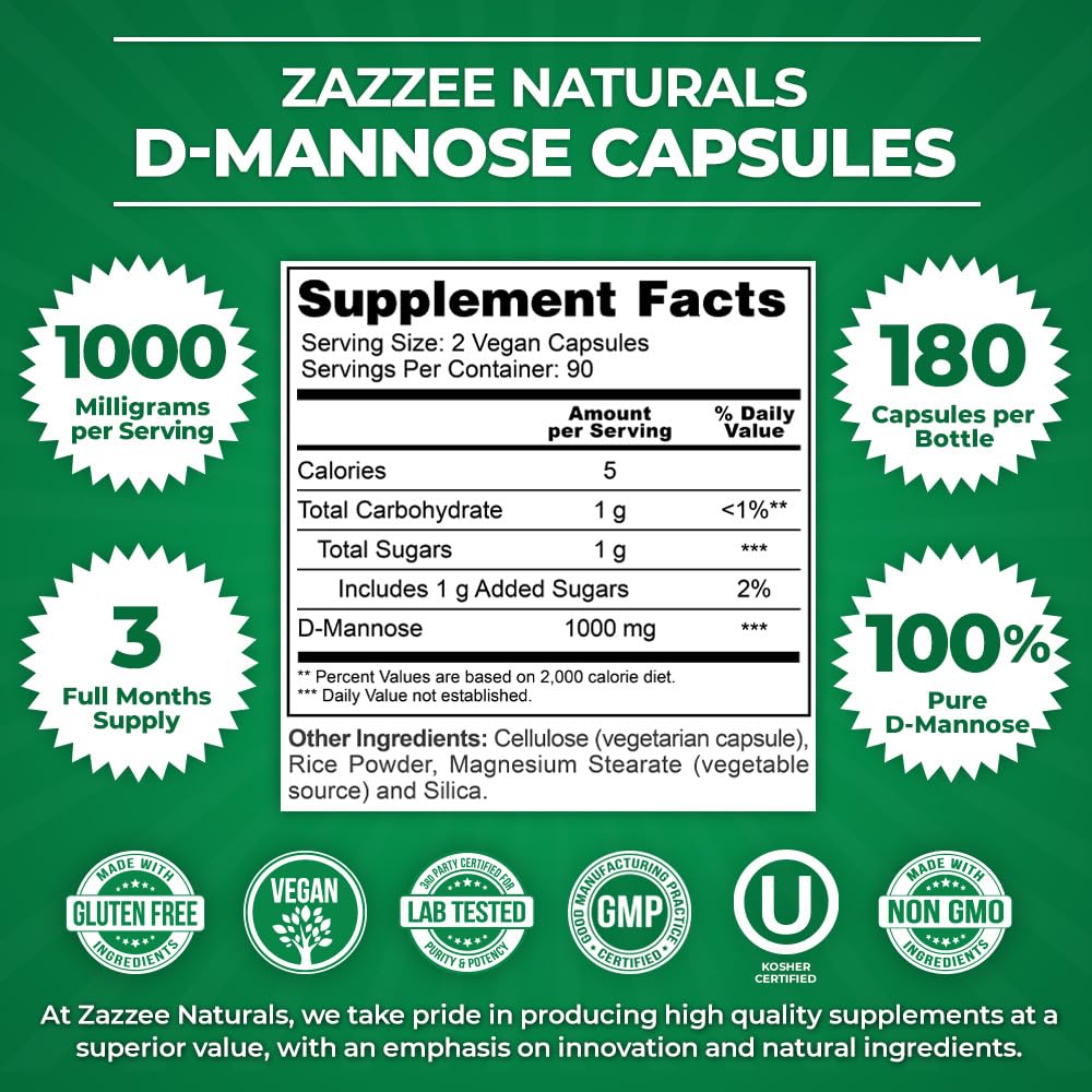 Zazzee D-Mannose, 1000 mg per Serving, 180 Vegan Capsules, 3 Month Supply, Potent