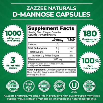 Zazzee D-Mannose, 1000 mg per Serving, 180 Vegan Capsules, 3 Month Supply, Potent