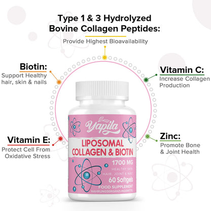 Liposomal Collagen Biotin Capsules, Hydrolyzed Bovine Collagen Peptides 1700 mg, Types 1 & 3 Protein