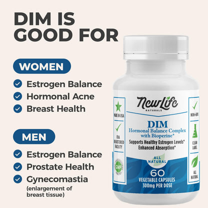 NewLife Naturals DIM Supplement 300mg for Women & Men - Hormonal Acne, Estrogen Balance Pills