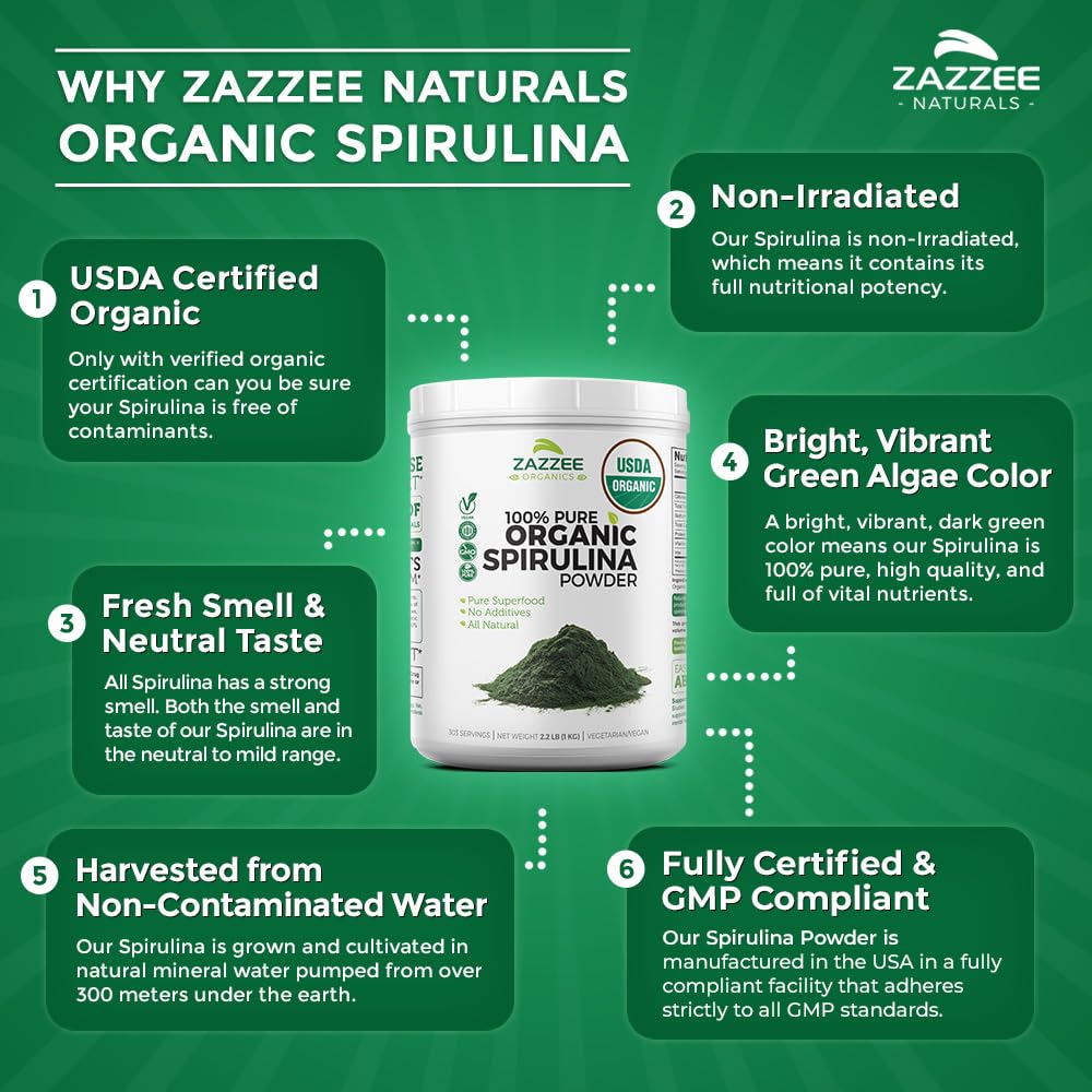 Zazzee USDA Certified Organic Spirulina Powder, 2.2 Pounds (1 KG), 303 Servings