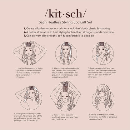 Kitsch Satin Heatless Hair Styling Gift Set - 5pc Set of Satin Heatless Curling Set, Ceramic