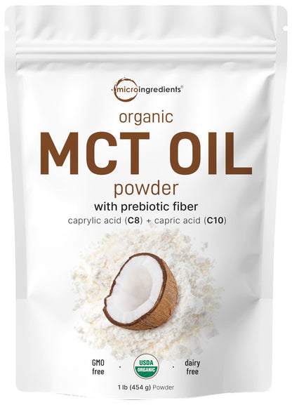 Micro Ingredients Organic MCT Oil Powder with Prebiotic Fiber,1 Pound(16 Ounce), Fast Fuel for Body and Brain, C8 MCT Oil for Coffee Creamer, No GMOs, Keto Diet, Vegan