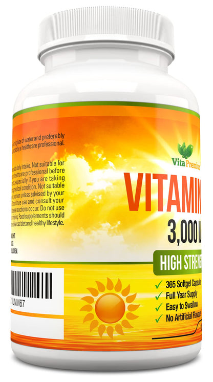 Vitamin D 3,000 IU, High Strength Vitamin D3 Supplement, 365 Easy to Swallow Softgels