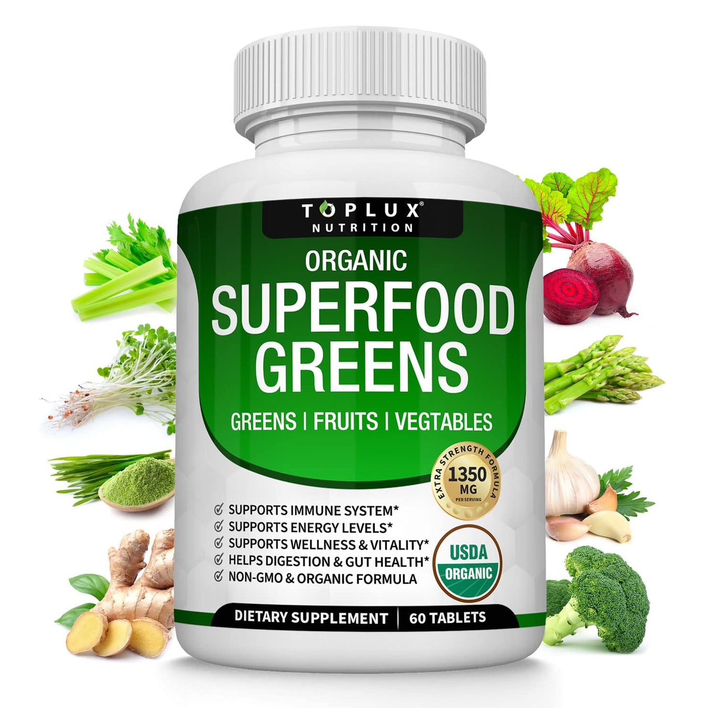 Organic Super Greens Capsules Superfood Fruit Veggie Supplement - 28 Powerful Natural 