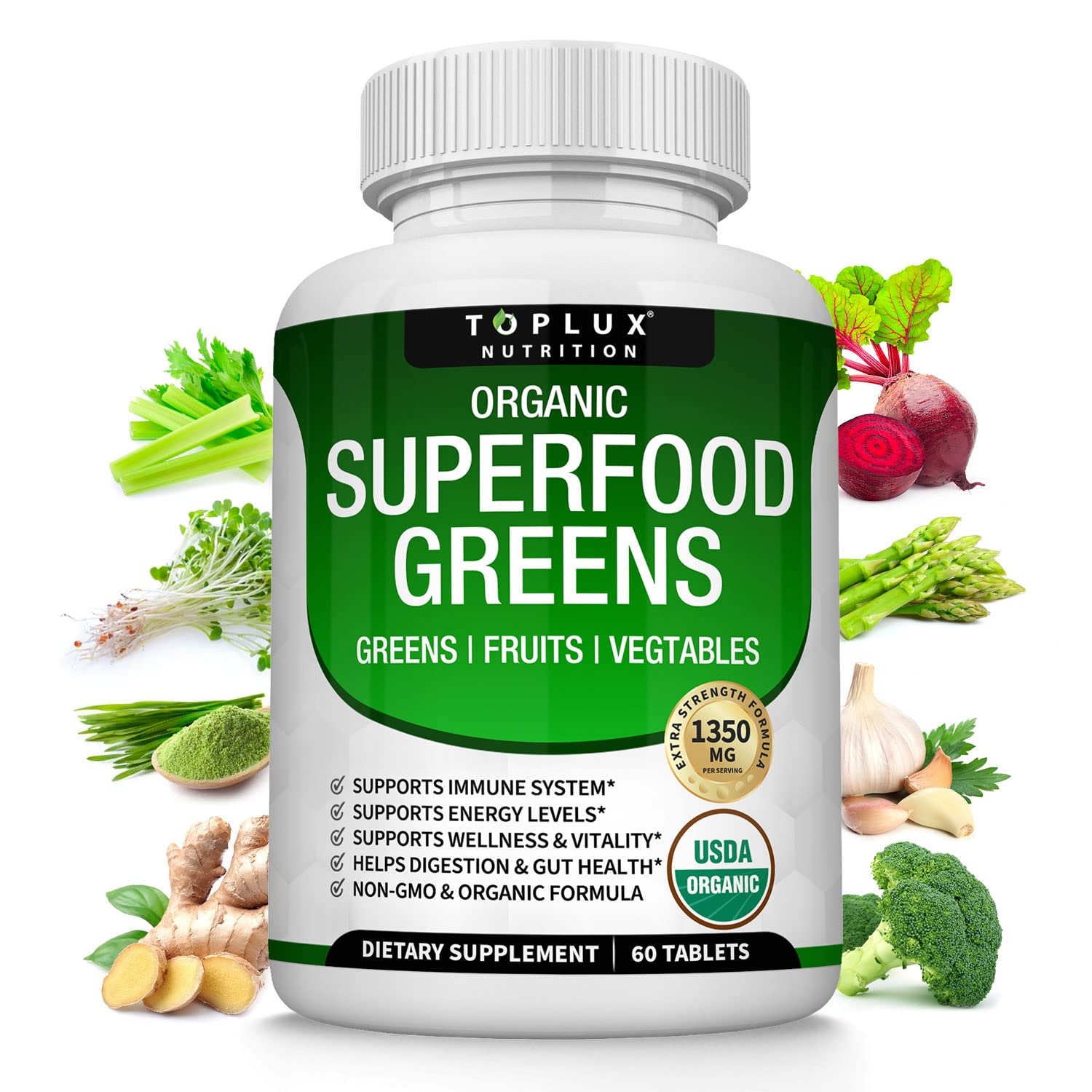 Organic Super Greens Capsules Superfood Fruit Veggie Supplement - 28 Powerful Natural 