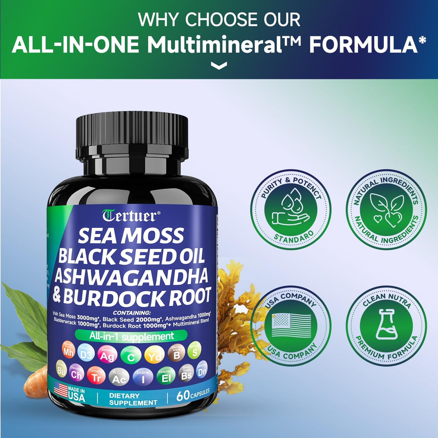 Sea Moss 3000mg Black Seed Oil 2000mg Ashwagandha 1000mg Turmeric 1000mg