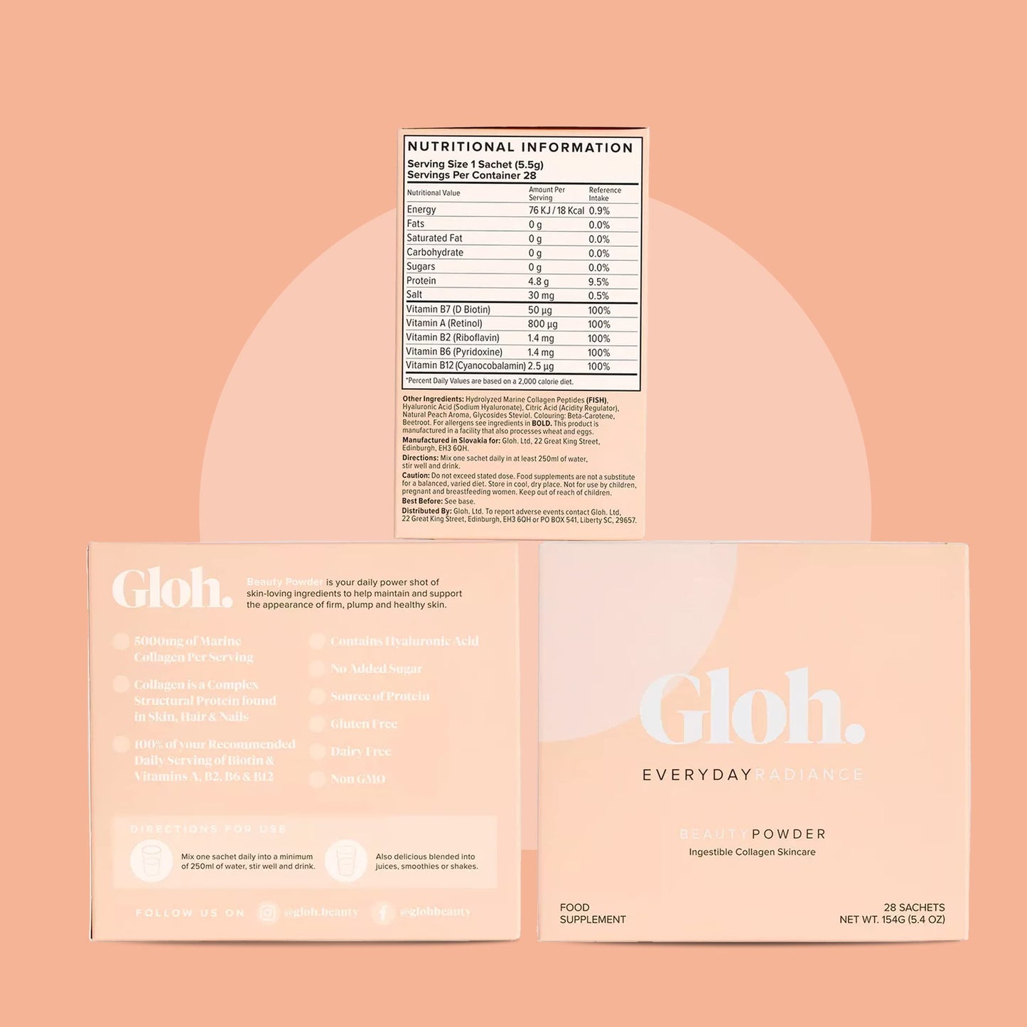 Gloh. Marine Collagen Powder for Women - Peach Flavor Collagen Supplements for Women with Hyaluronic Acid, Vitamin A, B2, B6