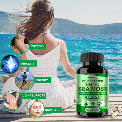 Fleamart Irish Sea Moss Capsules 120ct Raw Organic Sea Moss Wildcrafted Bladderwrack