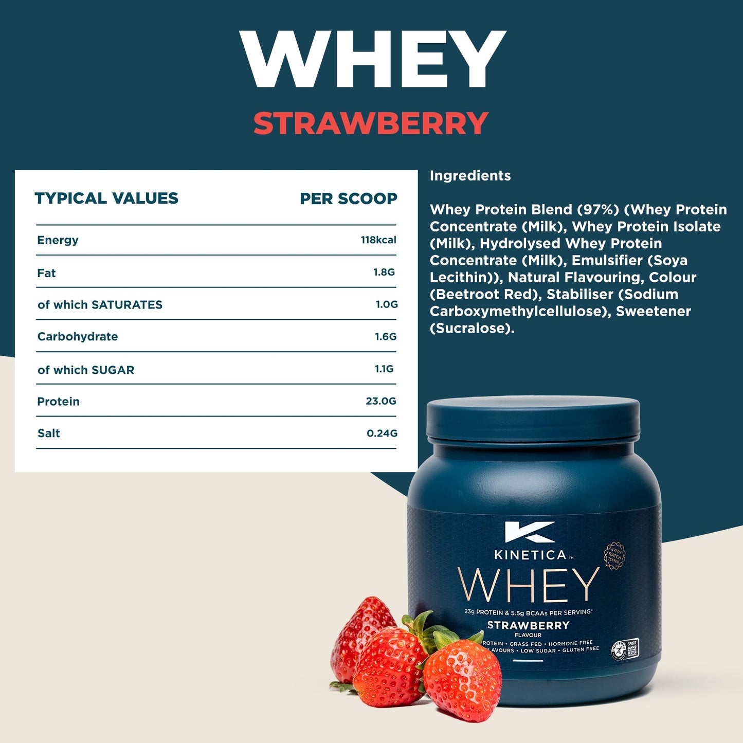 Kinetica Premium Whey Protein Powder | Grass Fed | Strawberry | 1kg | 33 Servings