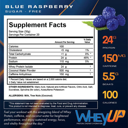 WheyUP Clear Whey Isolate Protein Powder, Blue Raspberry - 150mg Caffeine - 20 Servings