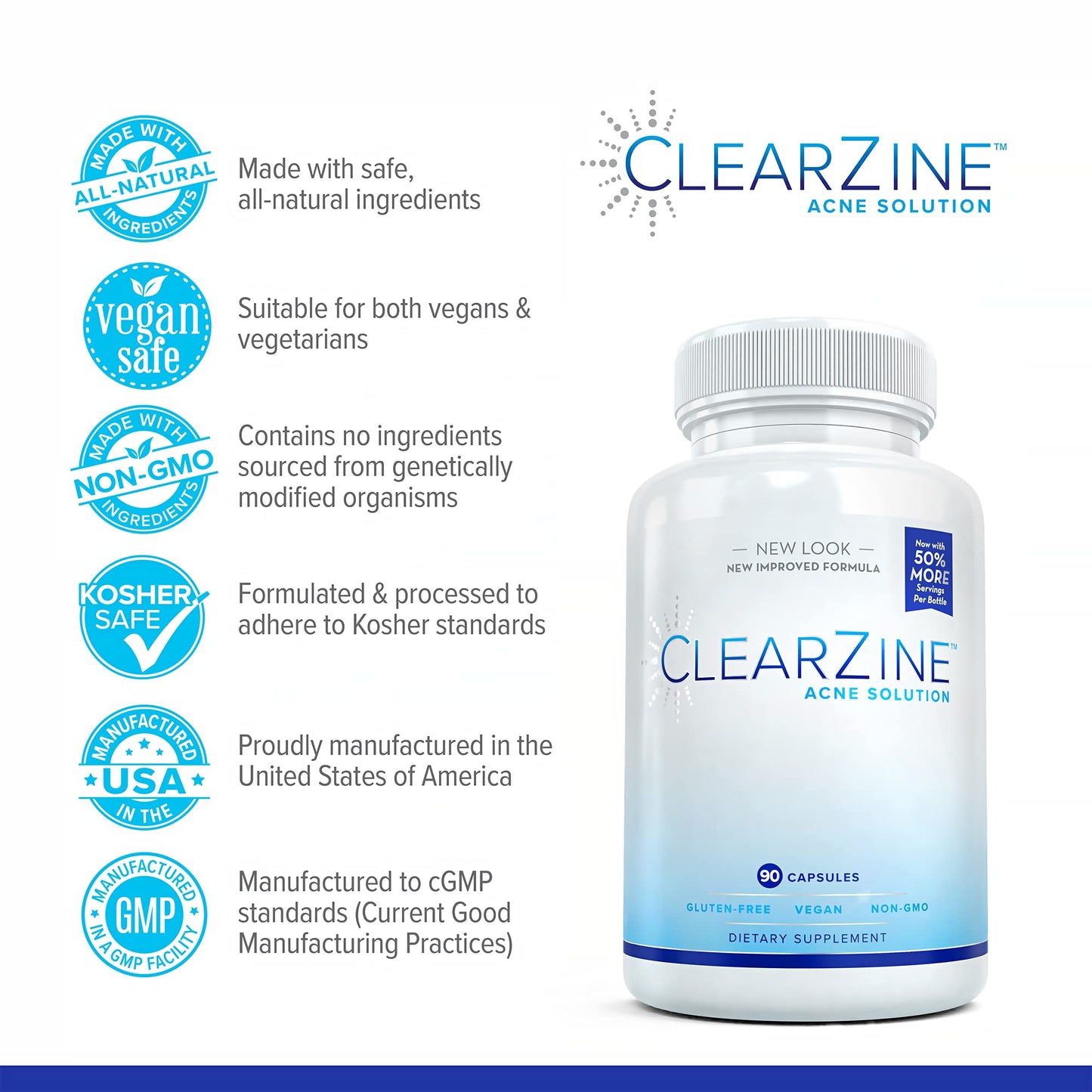 ClearZine Acne Pills for Teens & Adults (3 Bottles) | Clear Skin Supplement, Vitamins