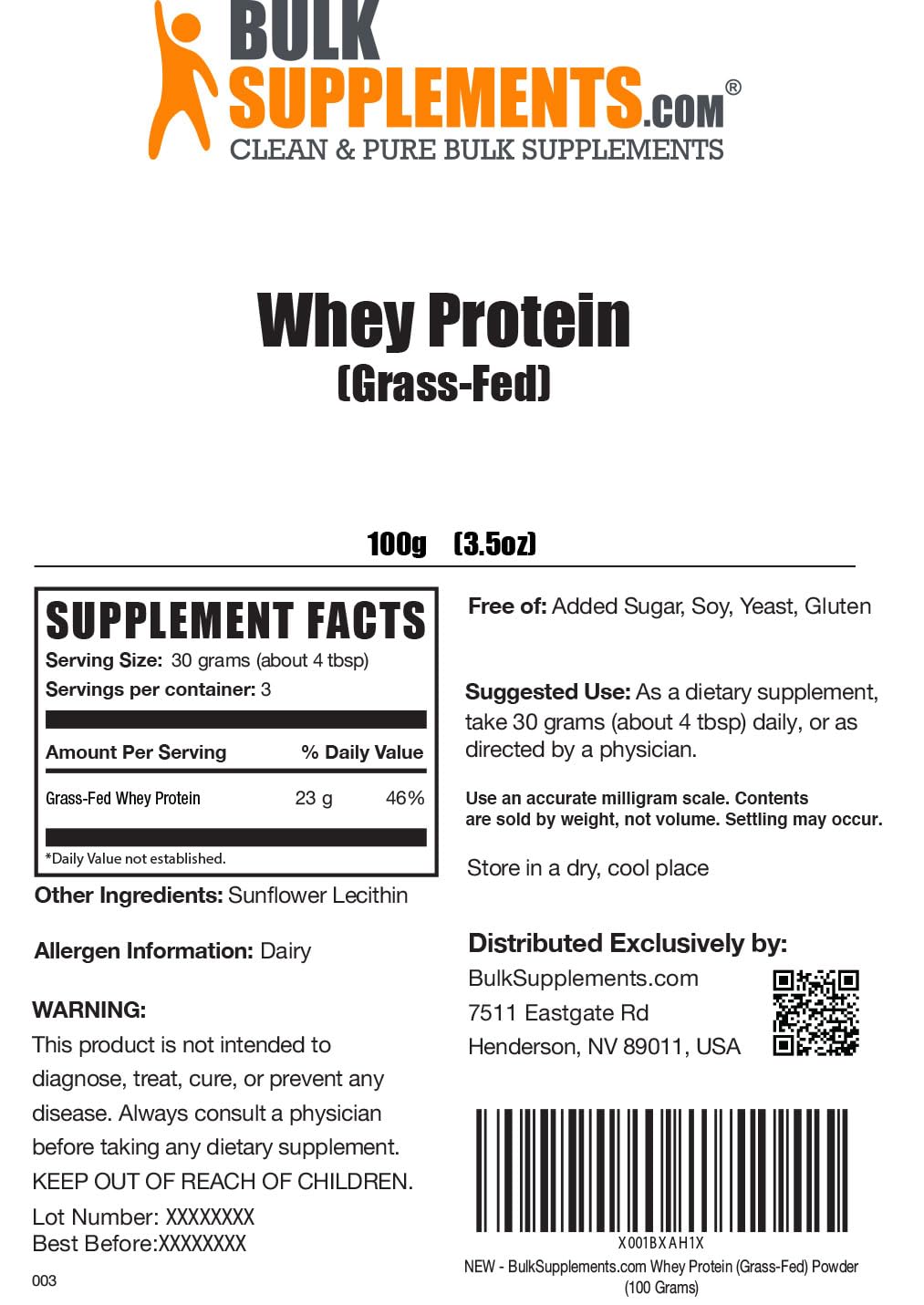 BULKSUPPLEMENTS.COM Grass Fed Whey Protein Powder - Unflavored Whey Protein