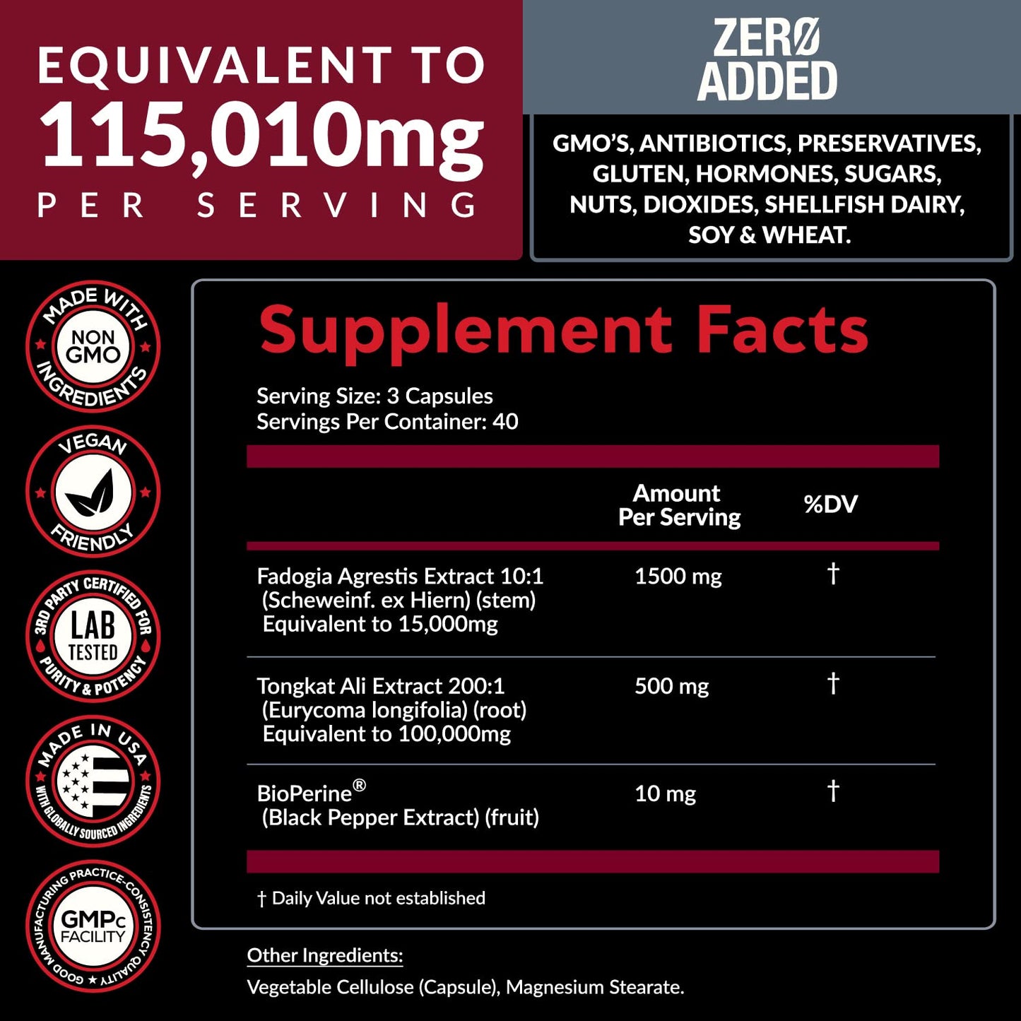 Fadogia Agrestis 15,000mg + Tongkat Ali 100,000mg + BioPerine® [Highest Purity]