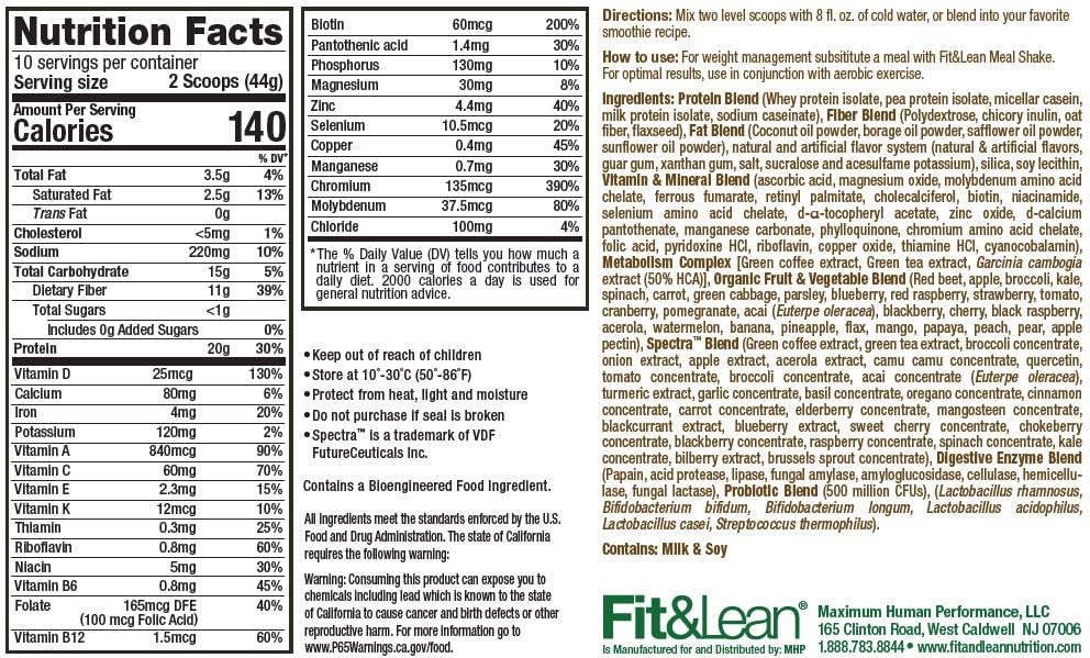 Fit & Lean Meal Shake, Fat Burning Meal Replacement, Protein, Fiber, Probiotics, Vanilla