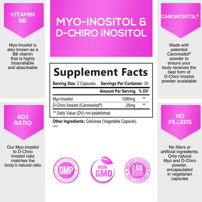 Myo-Inositol & D-Chiro Inositol Blend - 30 Day Supply, Premium 40:1 Ratio, Hormone Sup