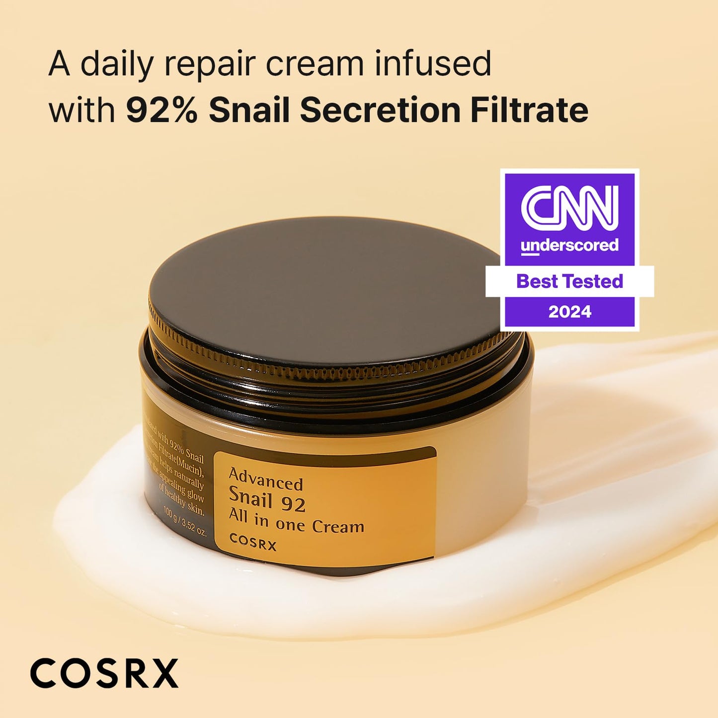 COSRX Snail Mucin 92% Repair Cream, Daily Face Gel Moisturizer for Dry Skin