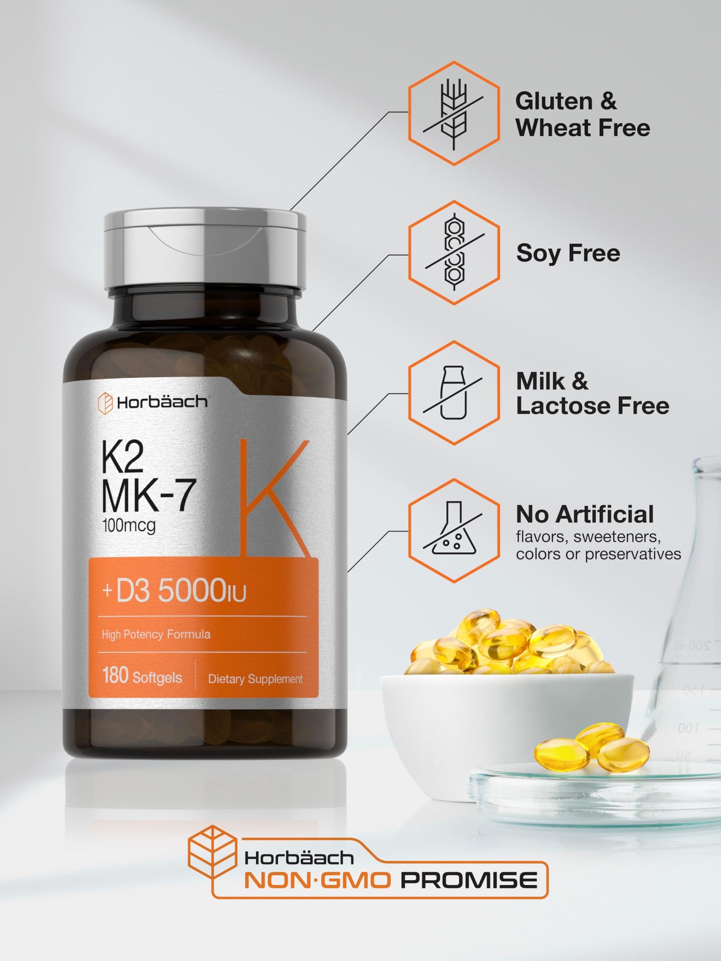 Horbäach Vitamin D3 K2 | 5000iu of Vitamin D & 100mcg MK-7 Complex | 180 Softgel Cap