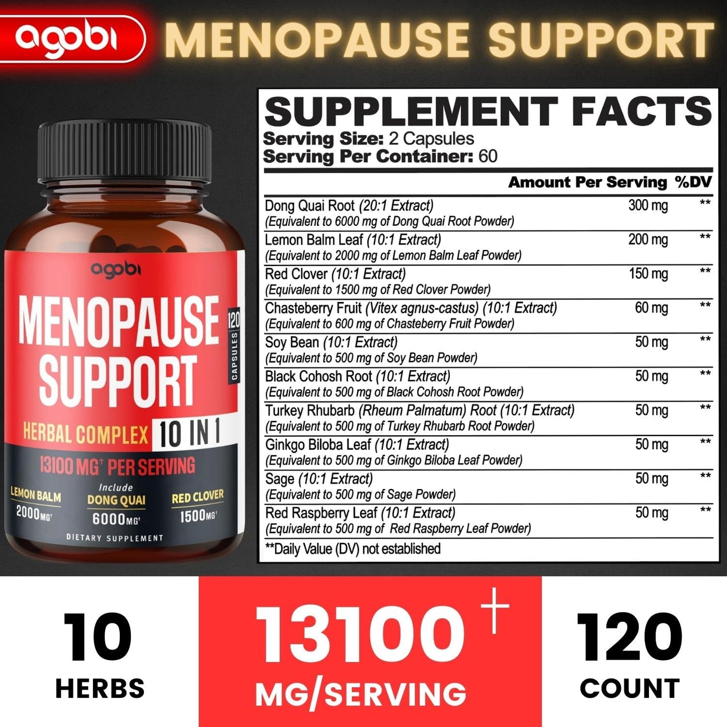 agobi Menopause Support for Women Health 13100 Mg - 10in1 with Dong Quai, Lemon Balm
