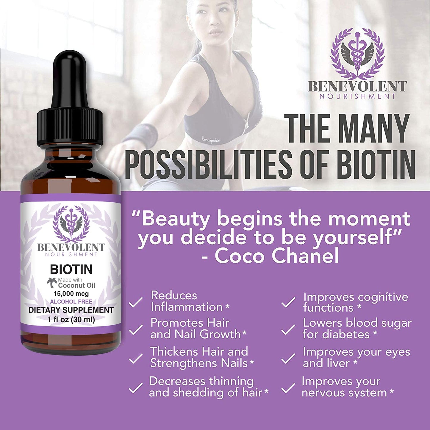 Benevolent Liquid Biotin 15000 mcg - Infused with Coconut Oil for 5X Absorption