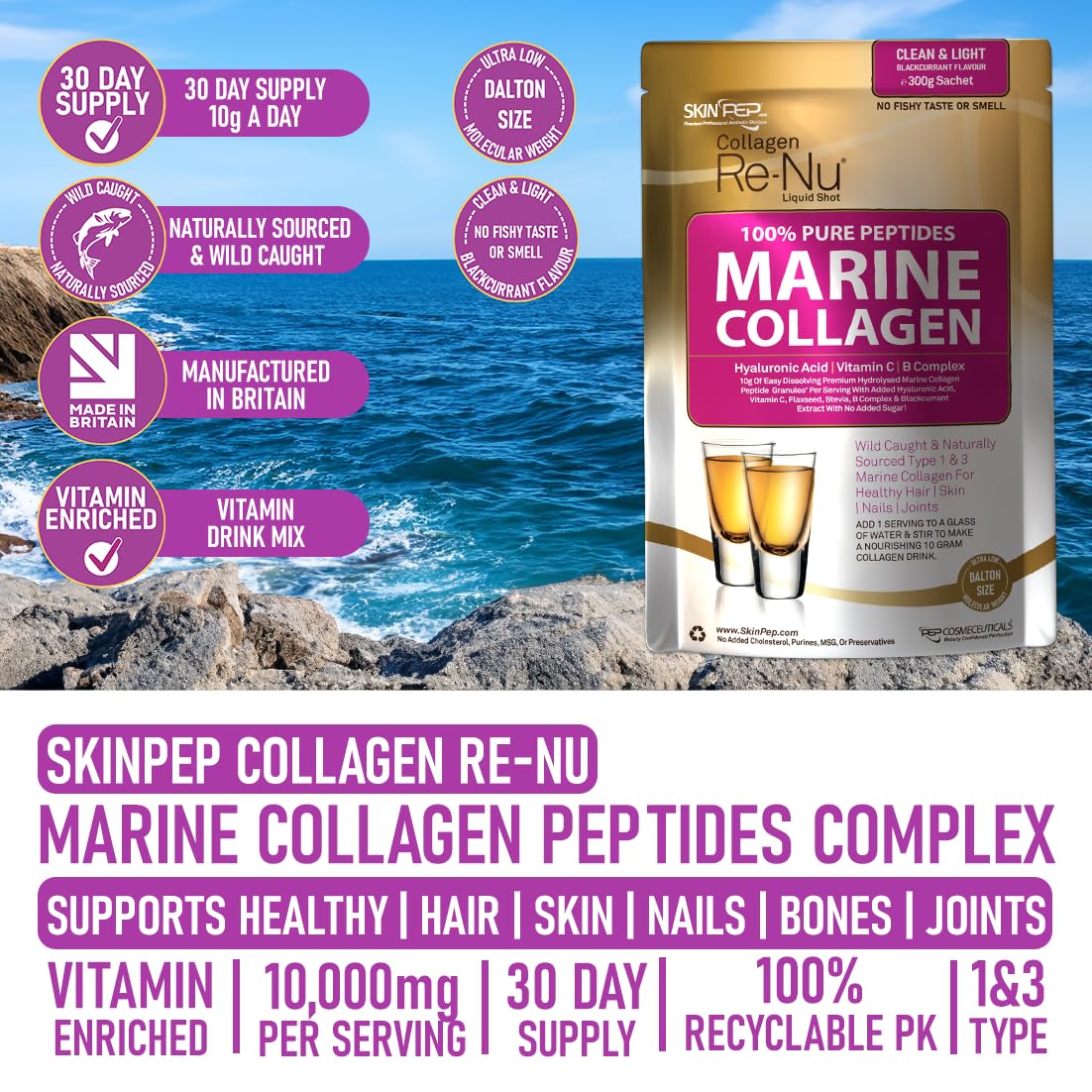 Premium Hydrolysed Marine Collagen Peptide Powder + VIT C, B Complex Hyaluronic Acid, & Stevia. Delicious Taste/No Fishy Smell - SkinPep® Collagen Re-Nu 300g - 30 Days Supply