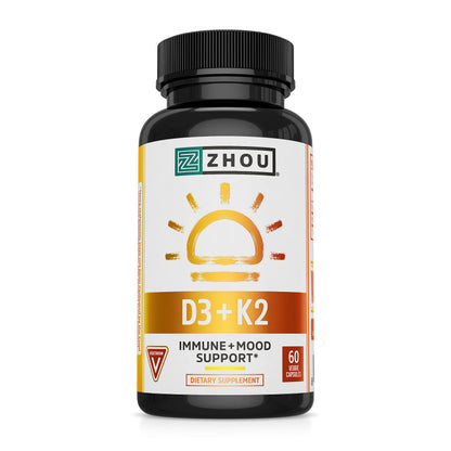 Zhou Nutrition Vitamin D3 K2, Bone and Heart Health Formula 5000 IU Vitamin D3 & 90 mcg