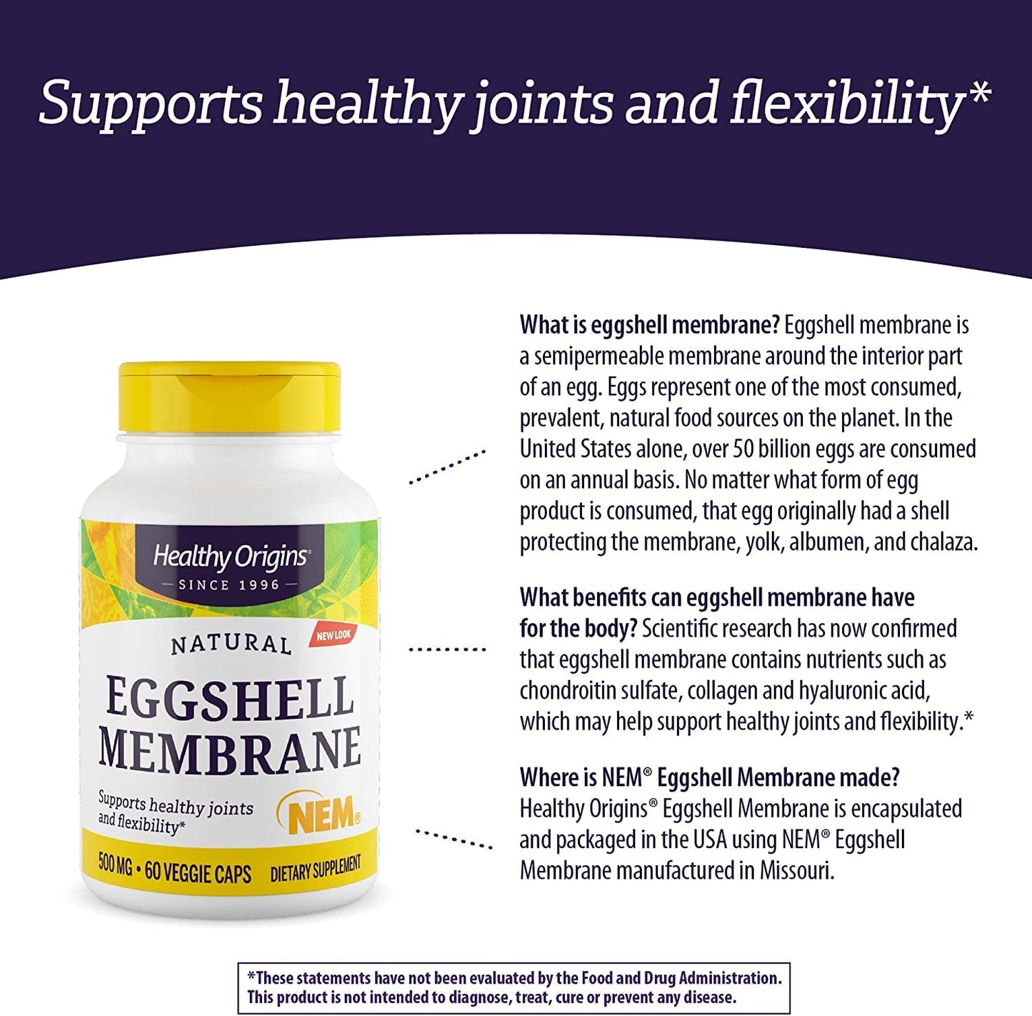 Healthy Origins Eggshell Membrane (NEM), 500 mg - Natural Collagen and Joint Support