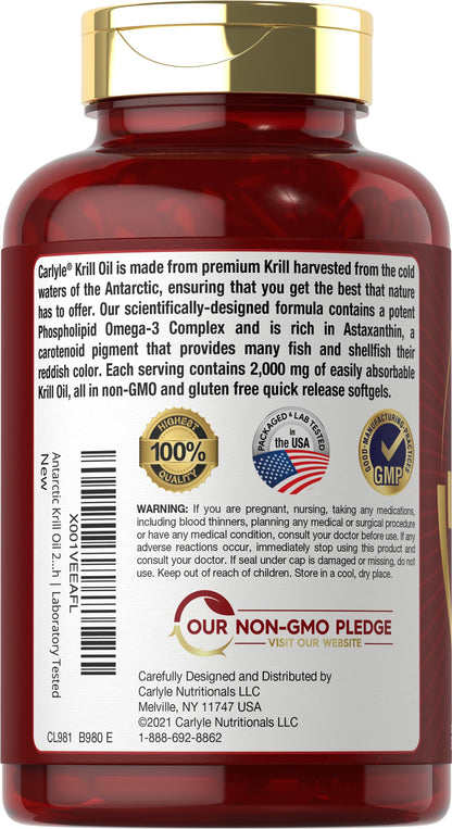 Carlyle Antarctic Krill Oil 2000 mg 120 Softgels | Omega-3 EPA, DHA, with Astaxanthin