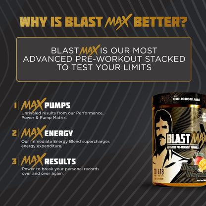 BLAST MAX – High-Stim Pre-Workout Powder – Highly Acclaimed Fully Stacked Pre Workout Energy Drink for Max Endurance, Max Pumps, Max Focus, and Max Power – Sugar-Free Mango Margarita Flavor – 418g