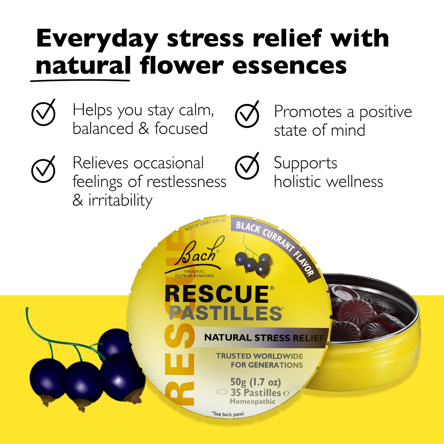 Bach RESCUE PASTILLES, Black Currant Flavor, Natural Stress Relief Lozenges, Homeopathic Flower