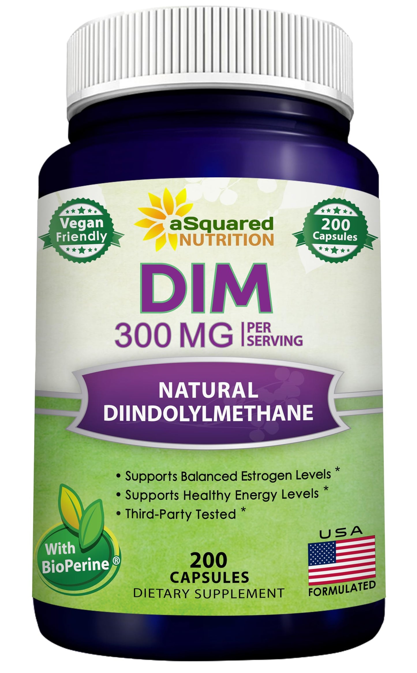 aSquared Nutrition DIM Supplement 300mg Plus BioPerine - 200 Veggie Capsules - Diindolylmethane DIM Max