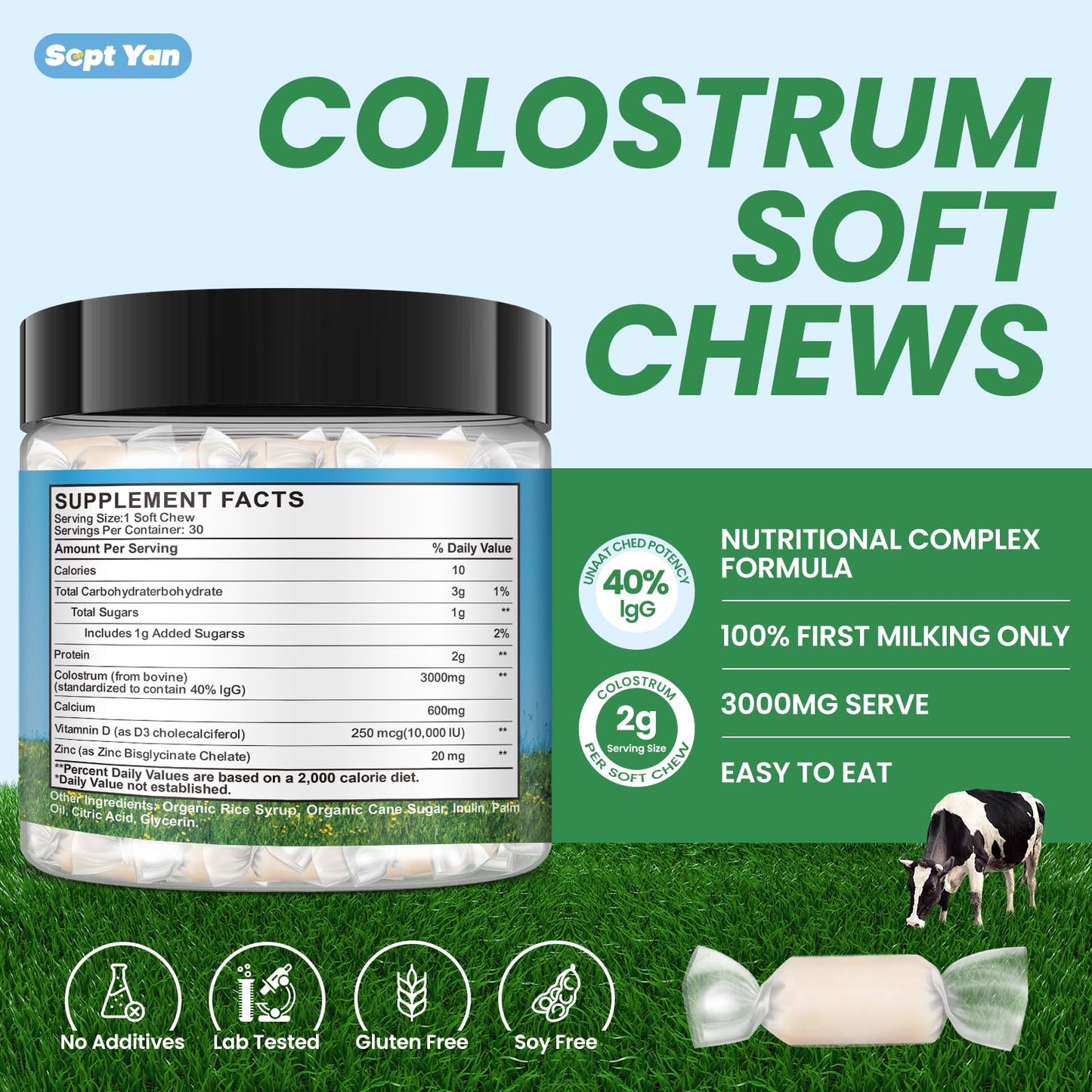 Colostrum Soft Chew Supplement (3000mg + 40% IgG), Concentrated Bovine Colostrum