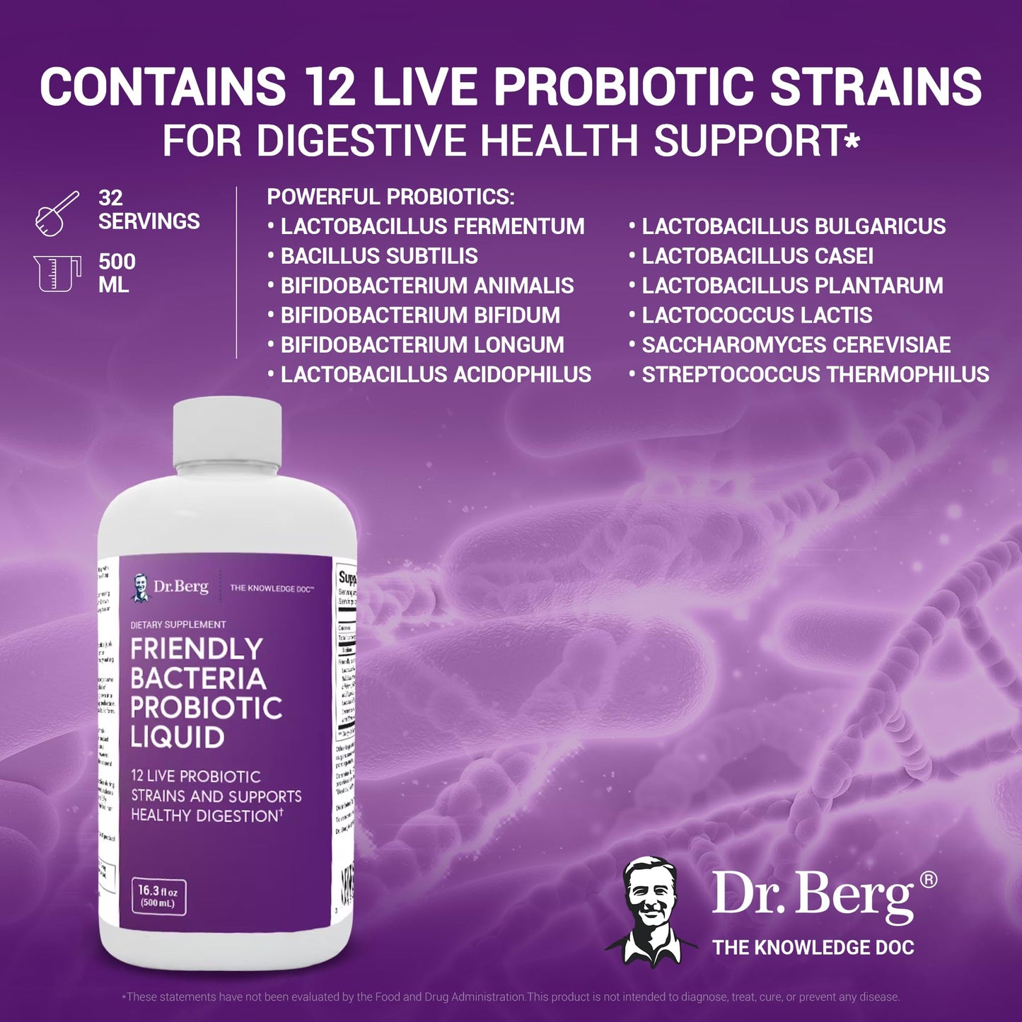 Dr. Berg's Friendly Probiotic Liquid Supplement Drink Mix w/ 12 Live Probiotics Strains