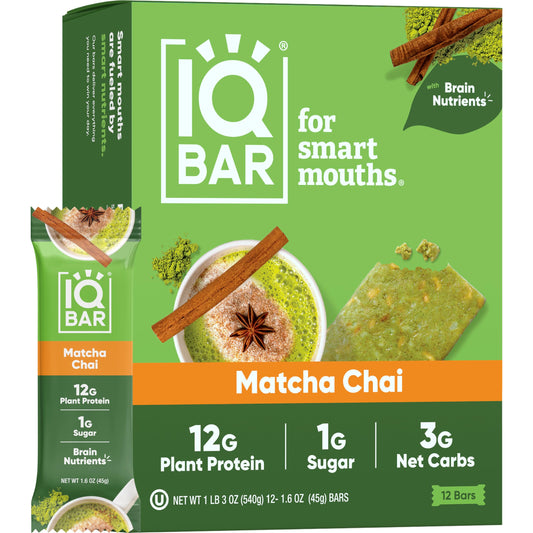 IQBAR Brain and Body Plant Protein Bars - Matcha Chai - 12 Count, Low Carb, High Fiber