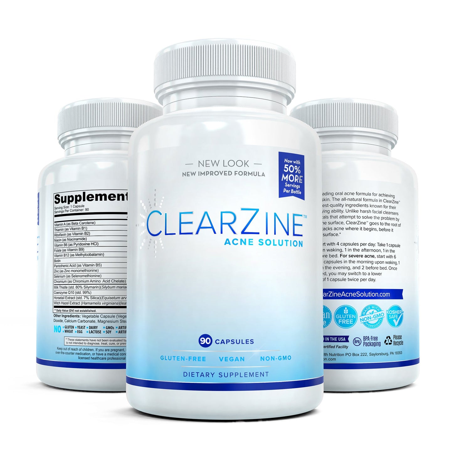 ClearZine Acne Pills for Teens & Adults (3 Bottles) | Clear Skin Supplement, Vitamins